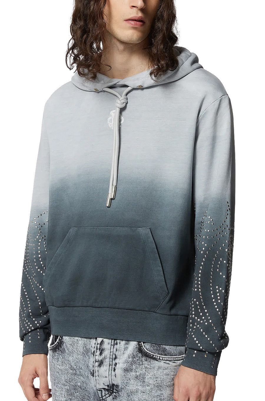 John Richmond – Ornik Gradient Grey Hoodie with Metal Accents