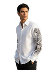 Men's John Richmond - "YELDE" White Silk Shirt with Black Floral Arm Detail