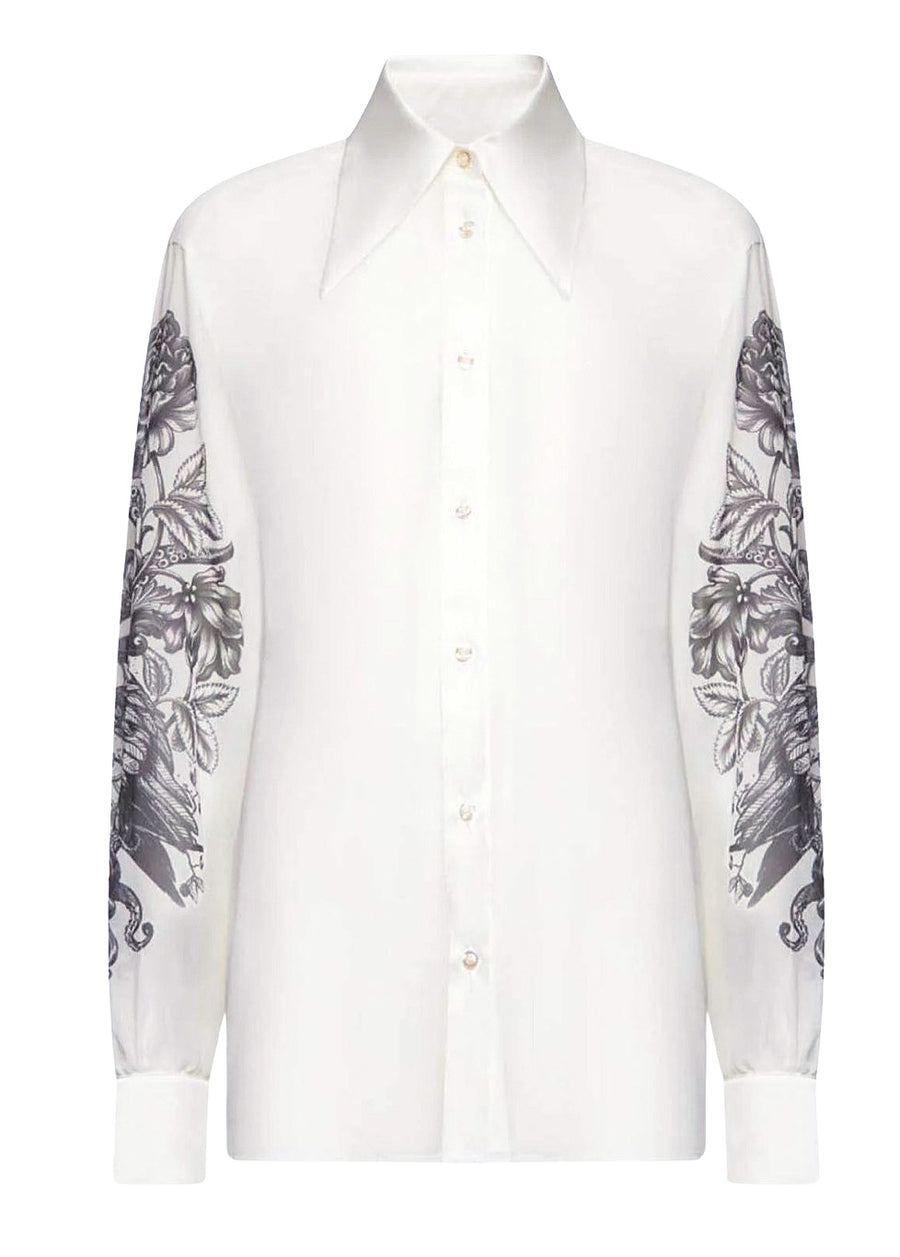 John Richmond – Men's Yelde White Silk Shirt with Black Floral Arm Detail