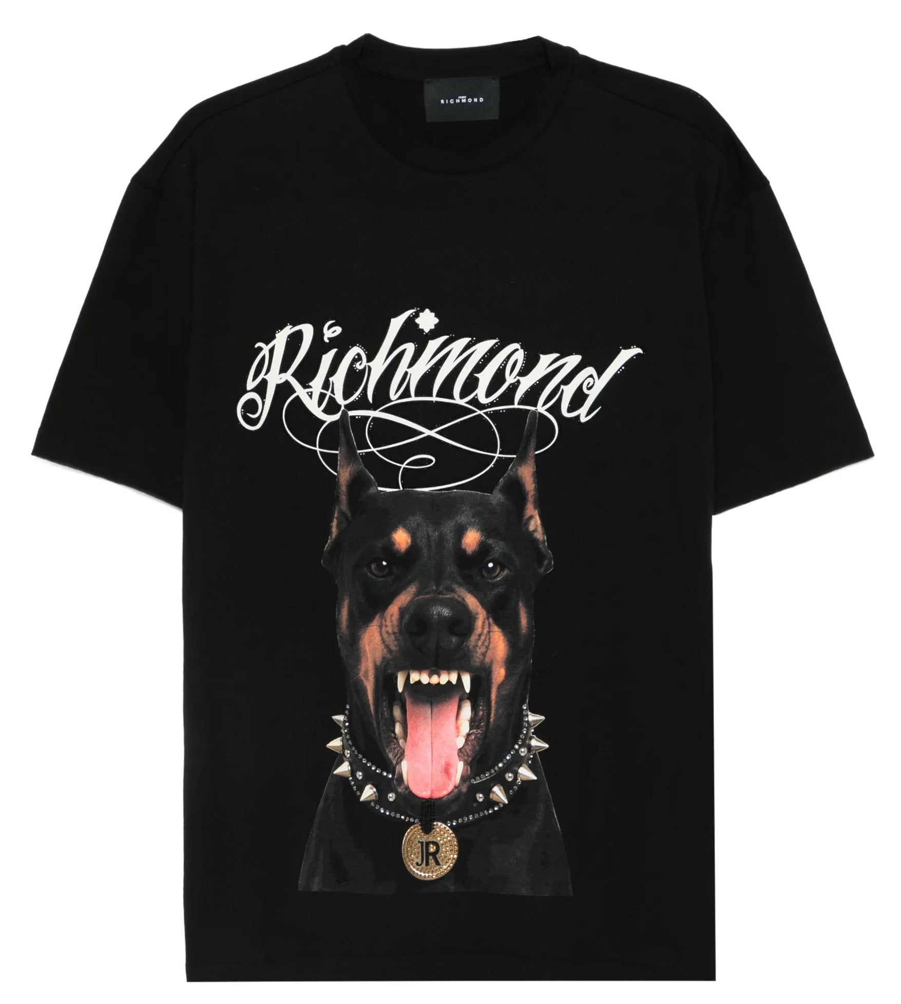 John Richmond - "ILLAPA" Doberman T-shirt in Black with Crystal Accents