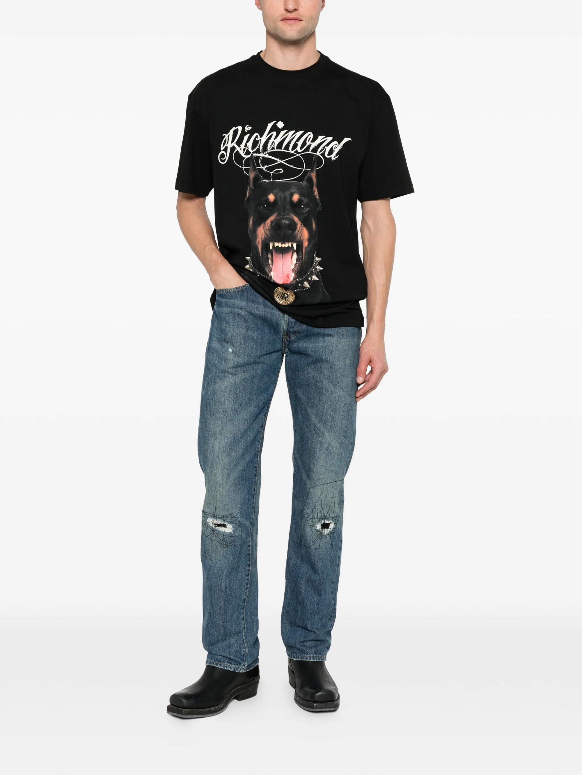 John Richmond - "ILLAPA" Doberman T-shirt in Black with Crystal Accents