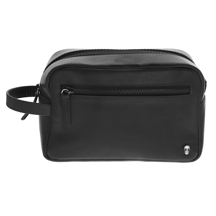 King Baby black leather dopp kit with exterior zip pocket and sterling silver skull accent