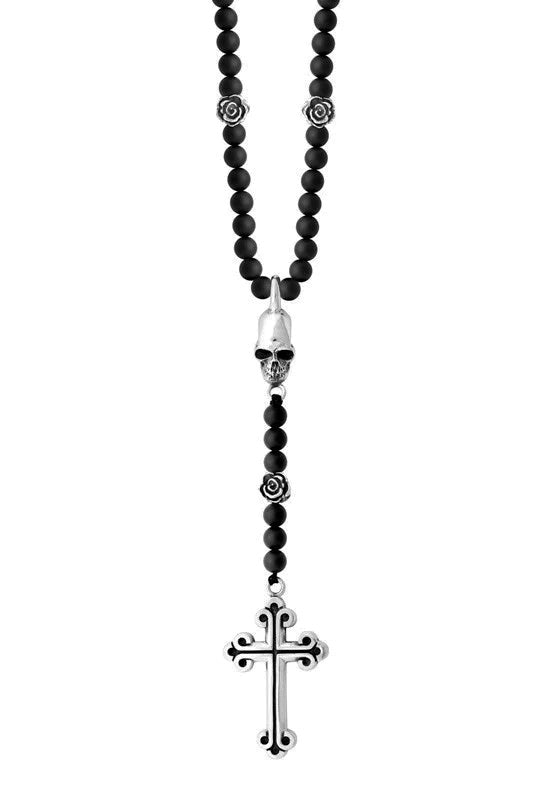 KING BABY - &quot;SKULL AND CROSS&quot; Rosary Necklace w/Onyx Beads and Silver Roses