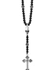 KING BABY - "SKULL AND CROSS" Rosary Necklace w/Onyx Beads and Silver Roses