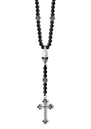 KING BABY - "SKULL AND CROSS" Rosary Necklace w/Onyx Beads and Silver Roses