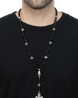 KING BABY - "SKULL AND CROSS" Rosary Necklace w/Onyx Beads and Silver Roses