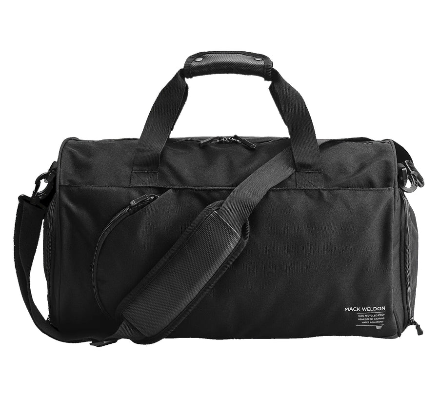 Mack Weldon ATLAS Duffle Gym Bag in asphalt — front view with padded shoulder strap and Mack Weldon logo
