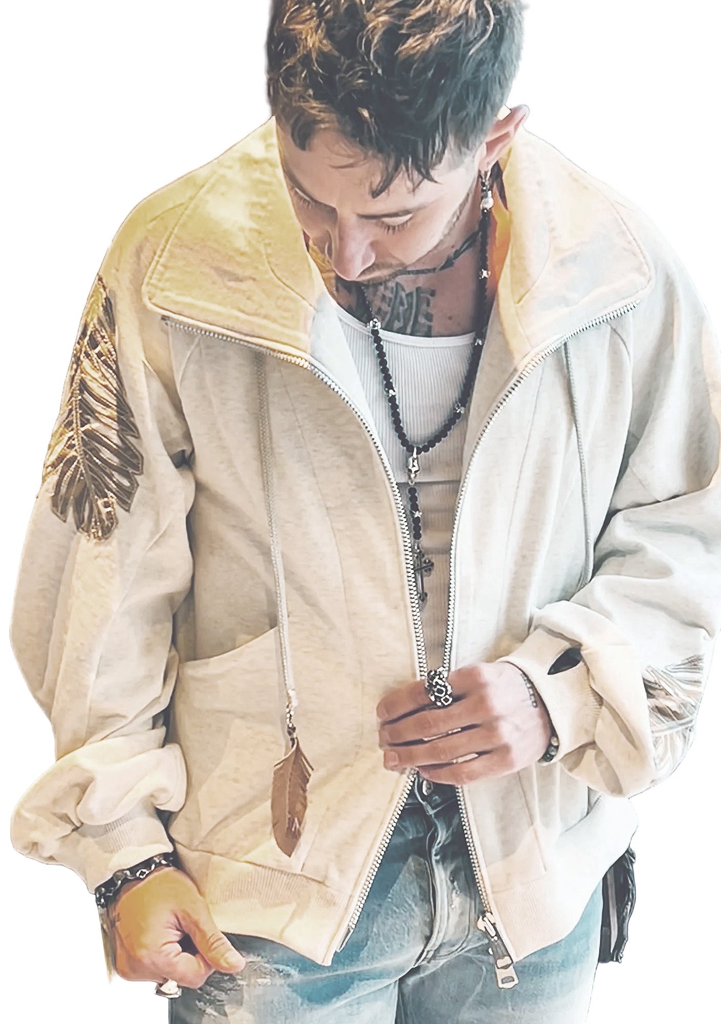 OBELISK - "SLASHED FEATHER" Cotton Jacket in Oatmeal