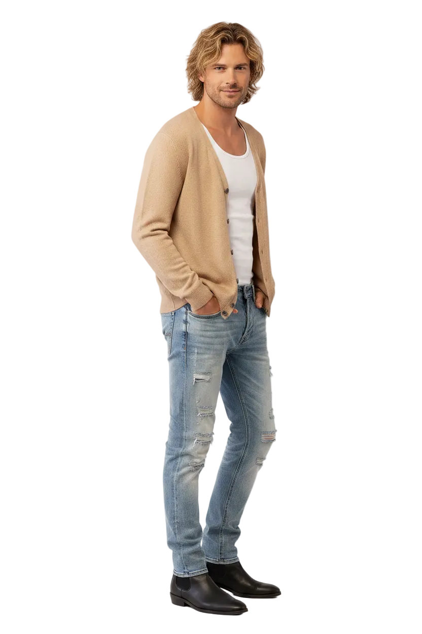 PURE CASHMERE NYC - "Men's V Neck Cardigan" in Camel