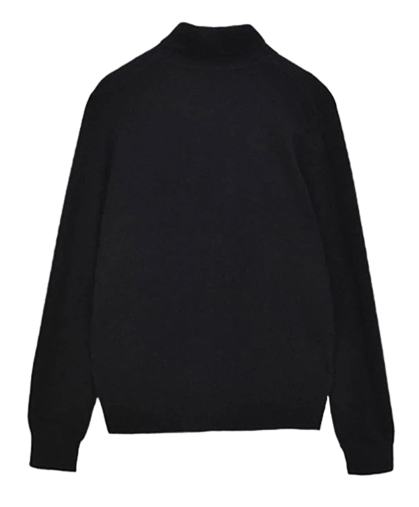 A black long-sleeve knit sweater with a mock neck, shown from the back on a plain white background.