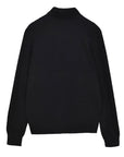 A black long-sleeve knit sweater with a mock neck, shown from the back on a plain white background.