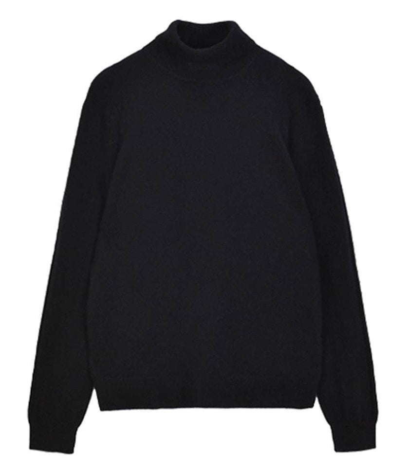 A black long-sleeve knit sweater with a mock neck, displayed against a solid white background.