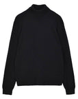 A black long-sleeve knit sweater with a mock neck, displayed against a solid white background.