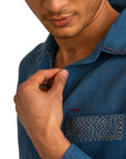 LIVE LINEN - "MASON" Embroidered Linen Shirt in Pacific Blue