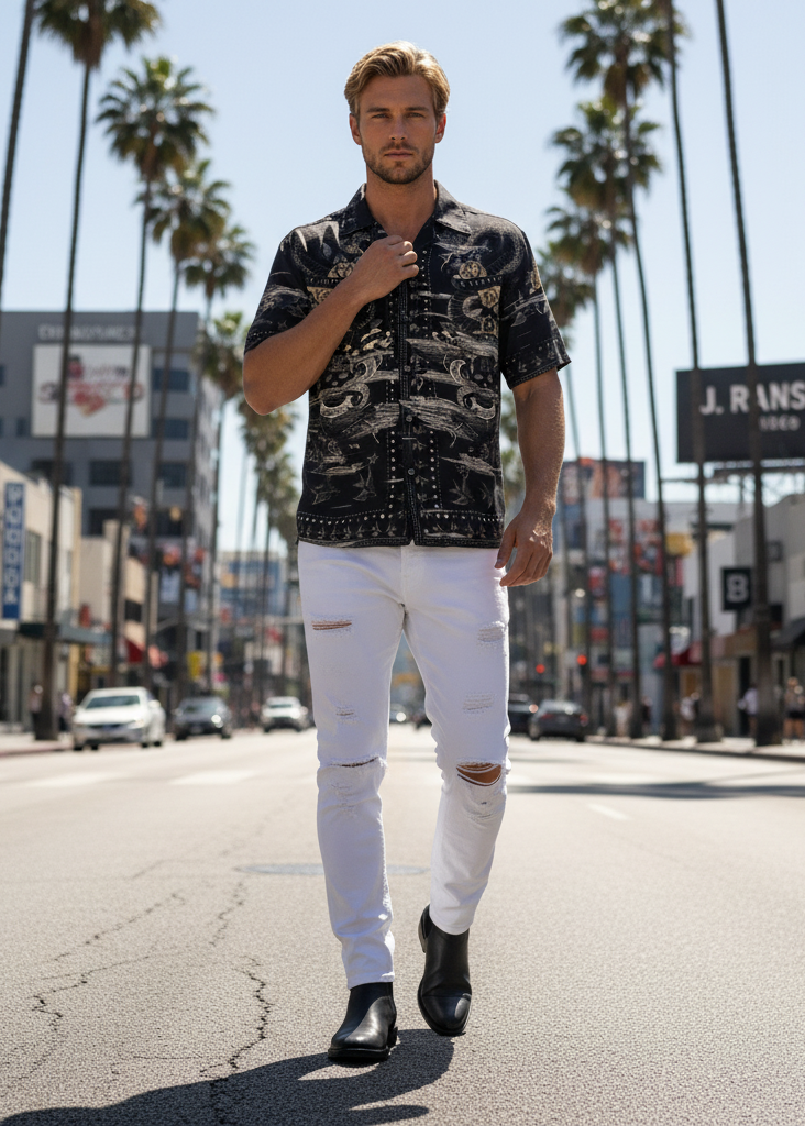 Man walking on a city street wearing a patterned shirt and white pants.
