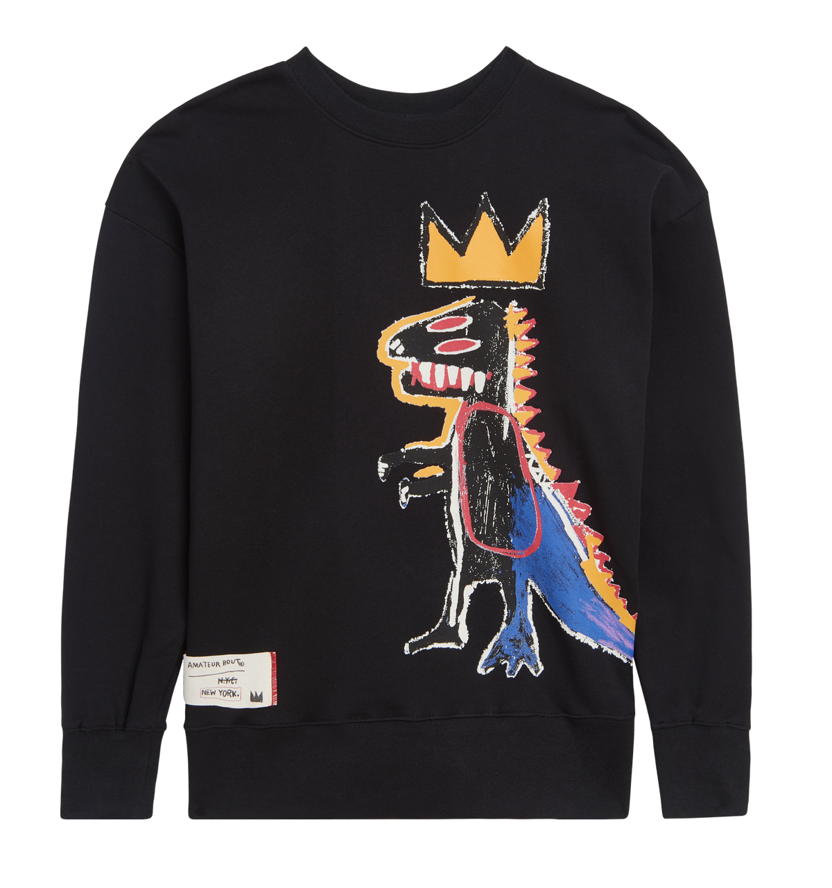 Black sweatshirt with colorful graphic design on a white background