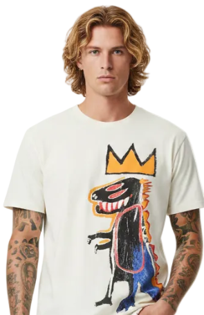 White t-shirt with a colorful dinosaur graphic and crown on a white background