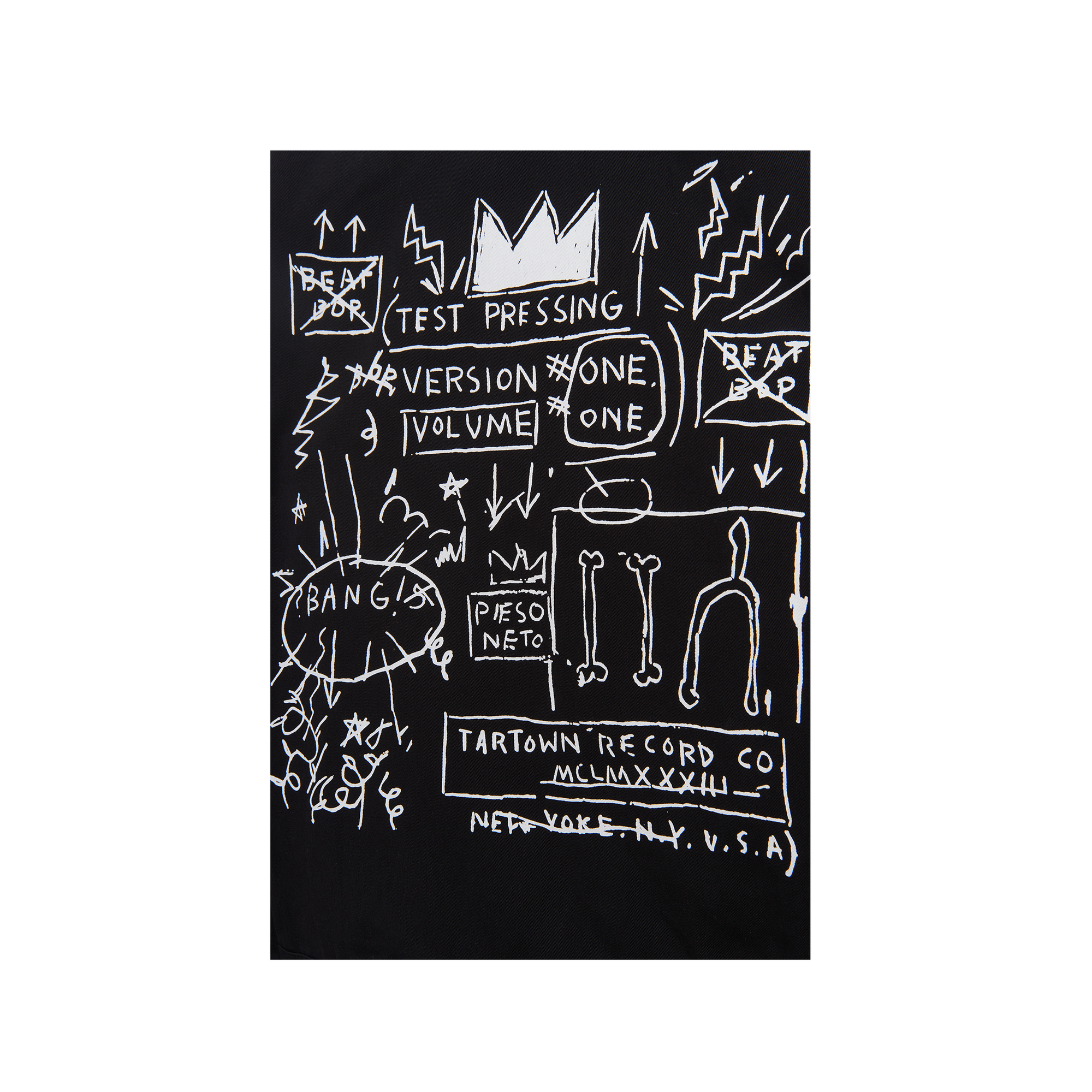 Black album cover with white text and graphics on a white background