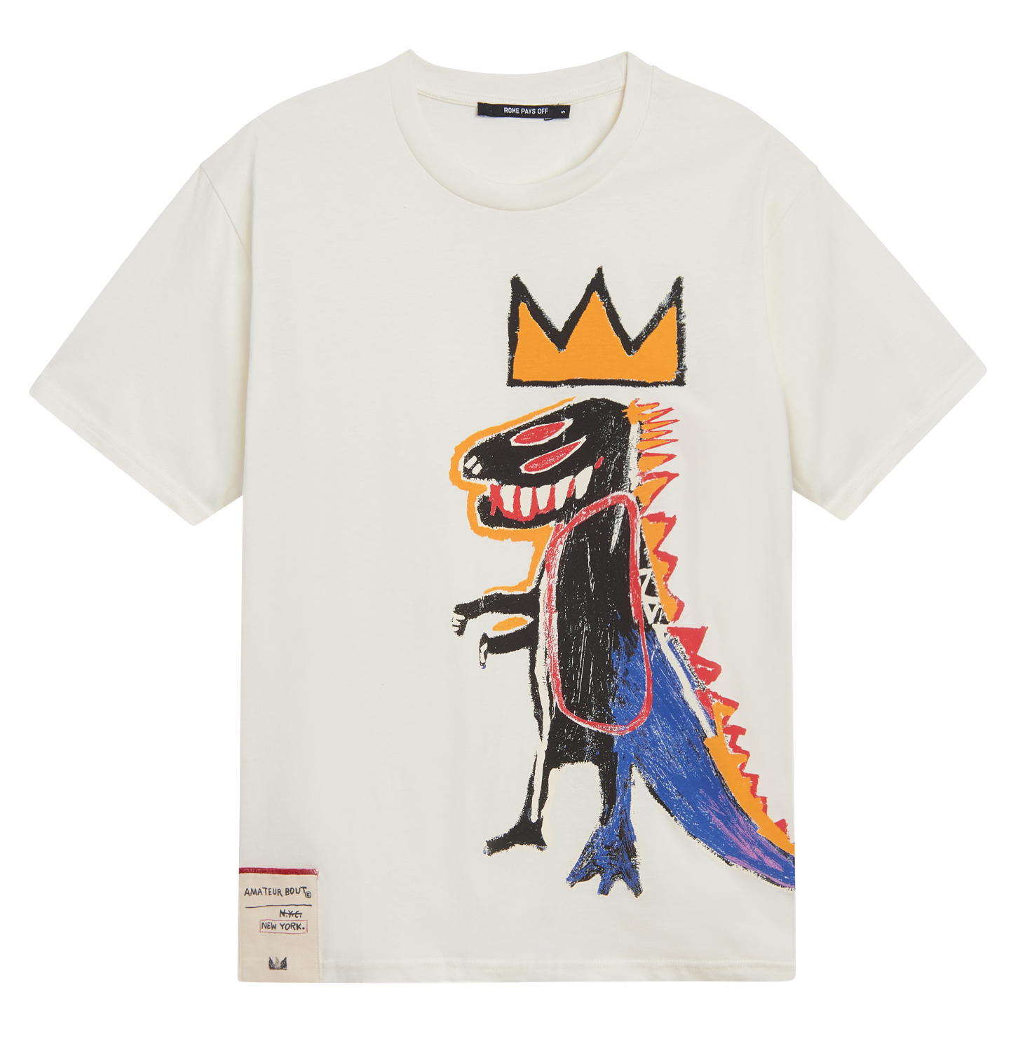 White t-shirt with a colorful dinosaur graphic and crown on a white background