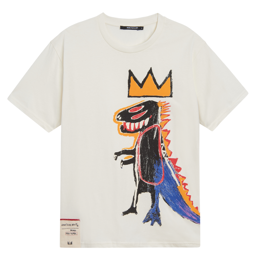 White t-shirt with a colorful dinosaur graphic and crown on a white background
