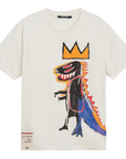 White t-shirt with a colorful dinosaur graphic and crown on a white background