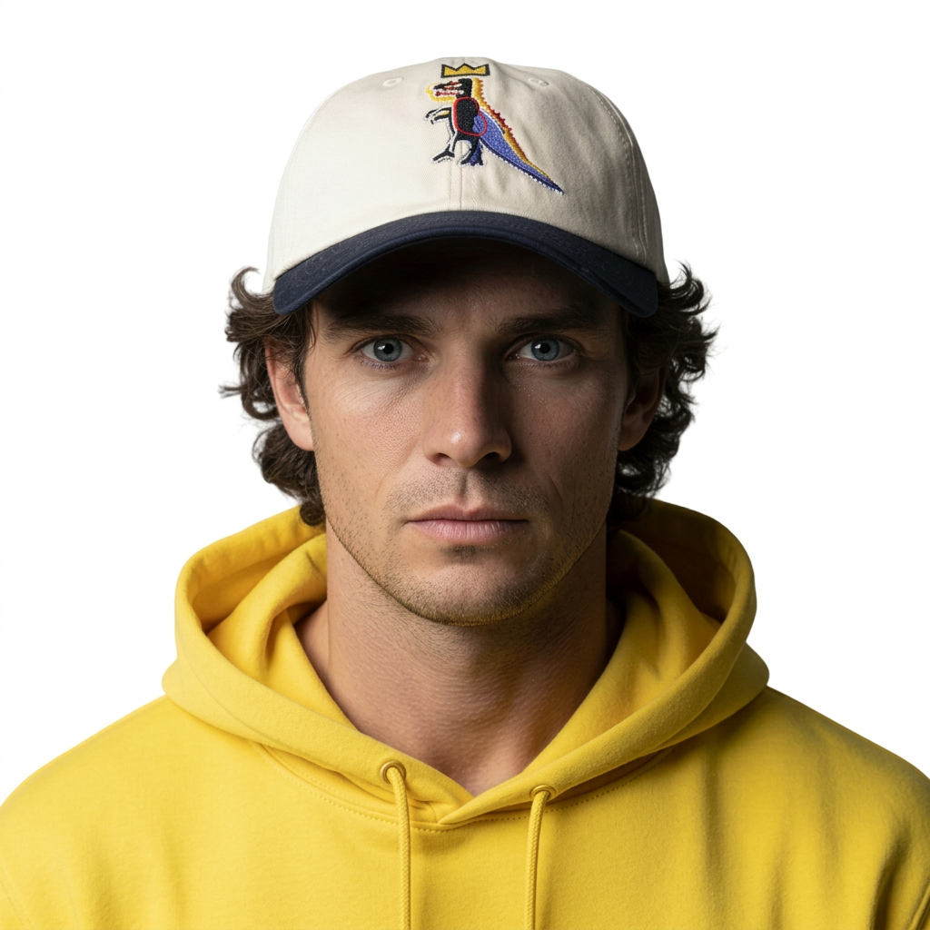 Male wearing a Rome Pays Off designer Cap featuring an embroidered Jean-Michel Basquiat's Pez Dispenser image