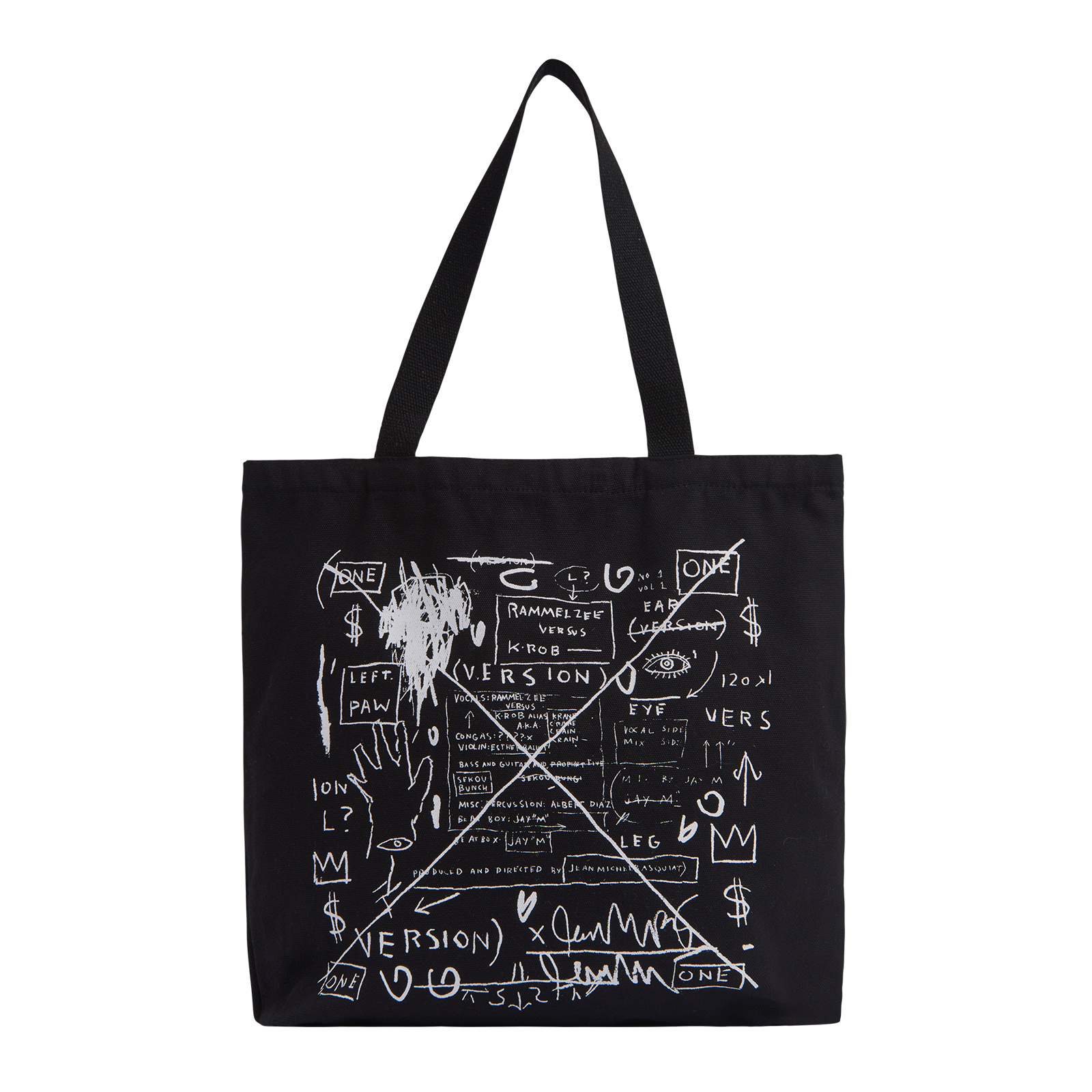 A black canvas tote bag with two shoulder straps, featuring a white hand-drawn graffiti-style graphic print on the front with text and symbols.