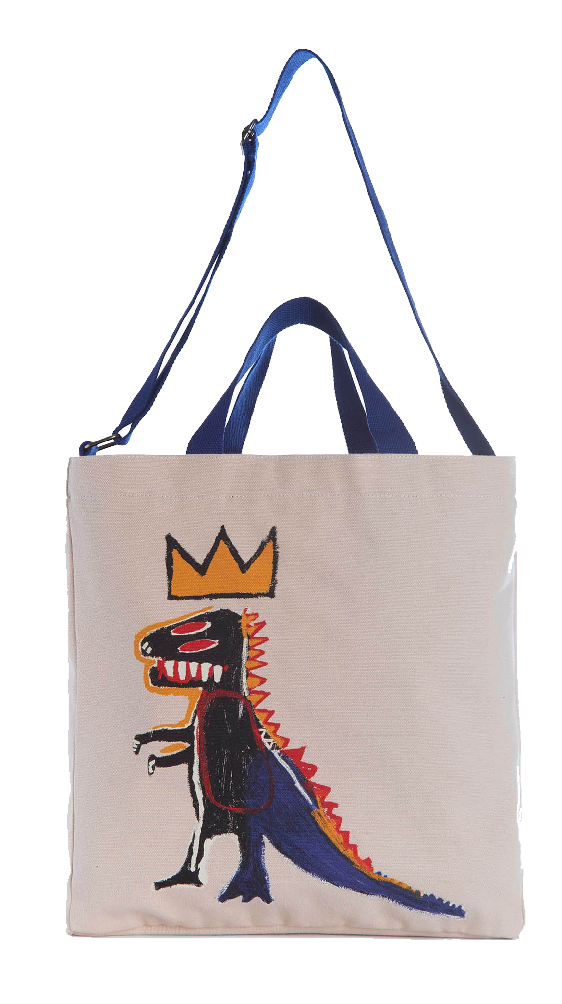 Tote bag with a dinosaur design and crown on a white background