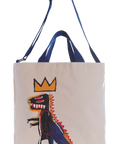 Tote bag with a dinosaur design and crown on a white background