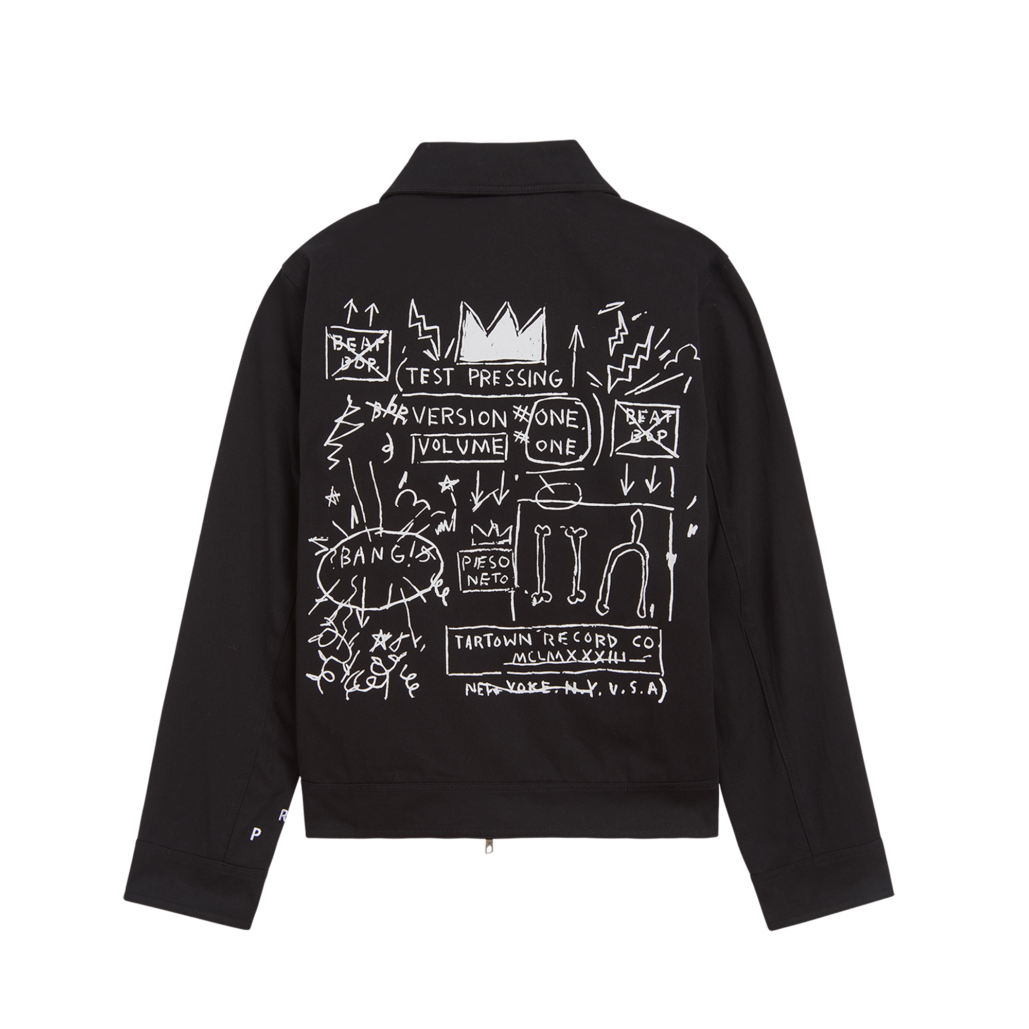 Black jacket with white graphic designs on the back against a white background