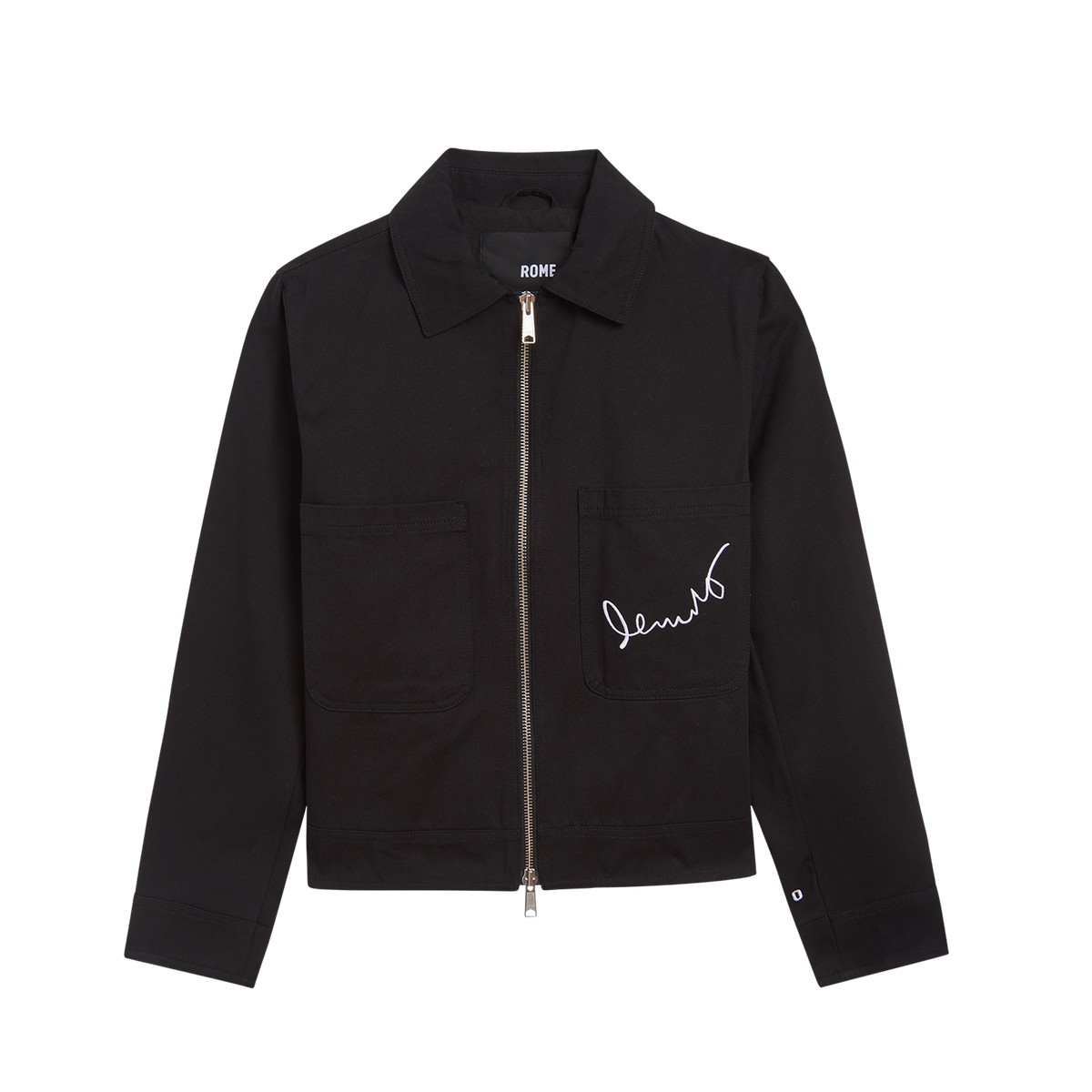 Front view of the black Rome Pays Off Basquiat "Beat Bop" mechanic’s jacket with zip closure and signature embroidery.