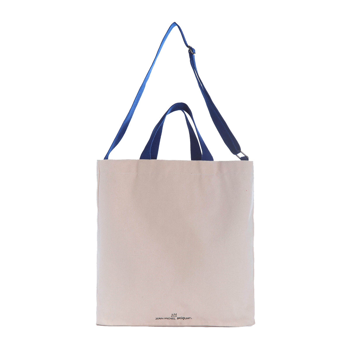 Rear view of the Basquiat Pez Dispenser canvas tote with blue handles and Jean-Michel Basquiat signature