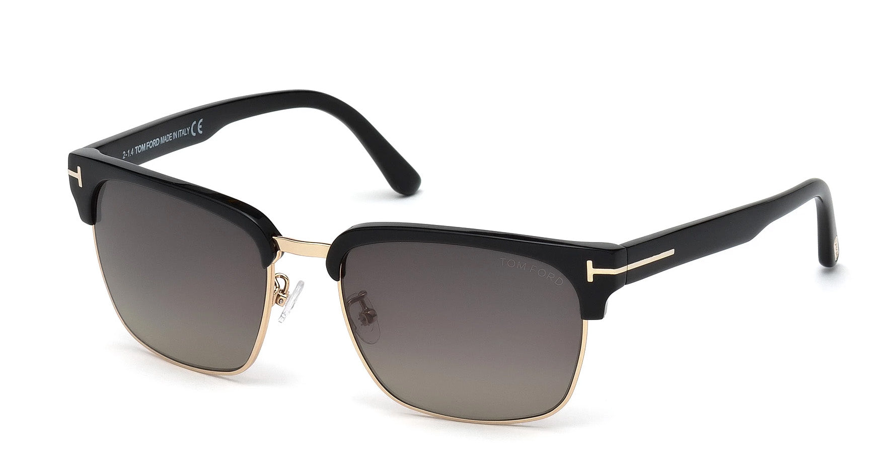 Tom Ford River square sunglasses with shiny black frame, rose-gold accents, and smoke polarized gradient lenses