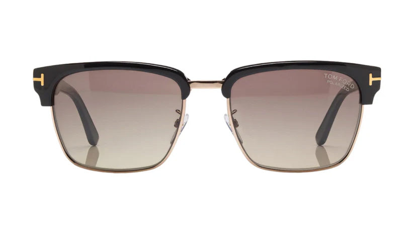 Tom Ford River square sunglasses with shiny black acetate frame, rose-gold accents, and smoke polarized lenses.