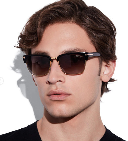 Tom Ford River square sunglasses in shiny black acetate with rose-gold accents and smoke polarized lenses.