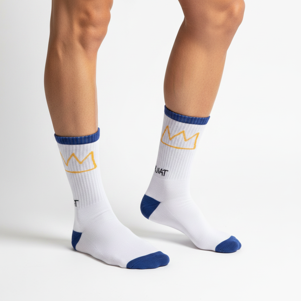A pair of white crew socks with blue ribbed cuffs and heels, blue toes, and a yellow crown graphic above the word 'UIAT' printed in black.