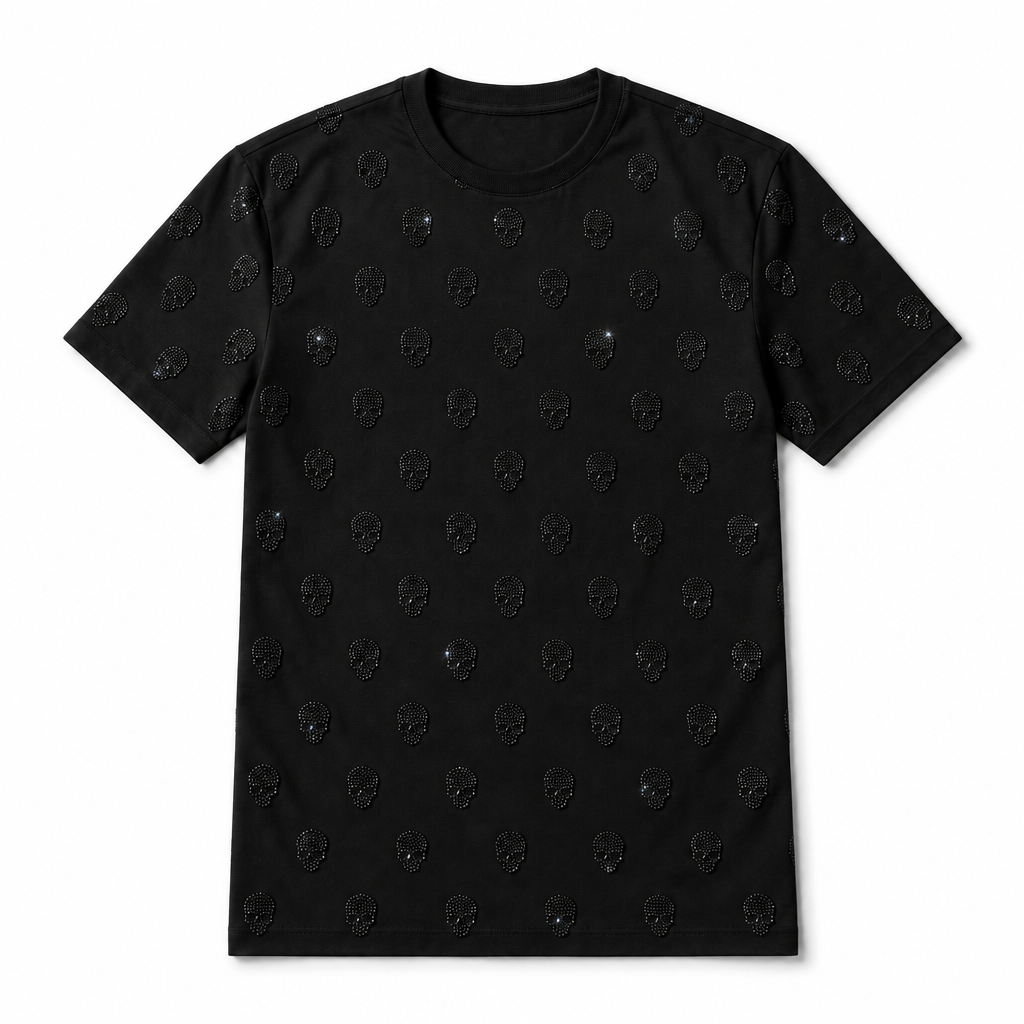 John Richmond - "CORTA SKULL" T-shirt in Black with Black Crystal Details