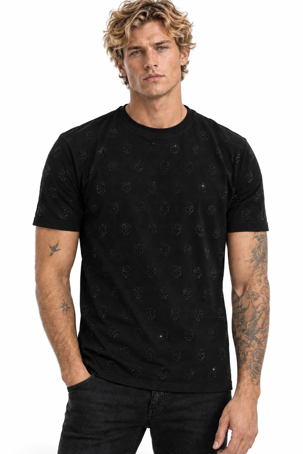 John Richmond - "CORTA SKULL" T-shirt in Black with Black Crystal Details