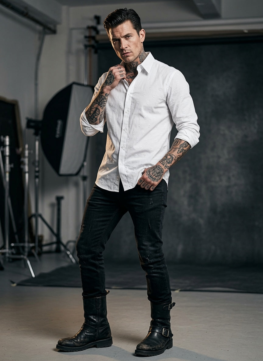 Men's John Richmond - "GOARA" Skull Embroidered Long Sleeved Shirt in White