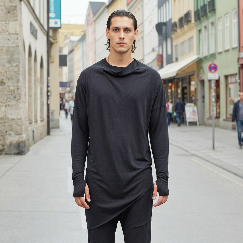 Front-facing model in the black ZHANNAONA Skyline sweater, reframed square with the street background