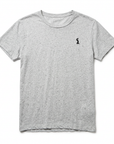 Front flat lay of the grey RELIGION Transfer crewneck shirt with distressed detailing and a black embroidered chest logo on a white background