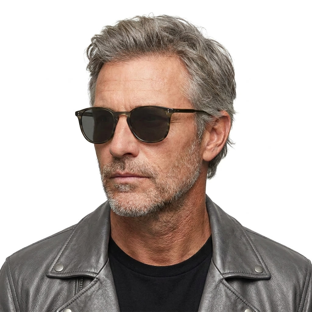 Grey-haired model wearing Kinney sunglasses and a matching grey leather jacket