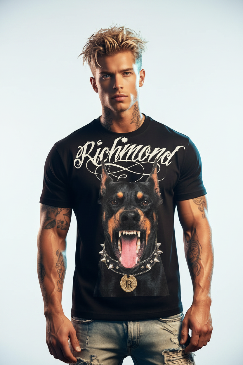 John Richmond - "ILLAPA" Doberman T-shirt in Black with Crystal Accents