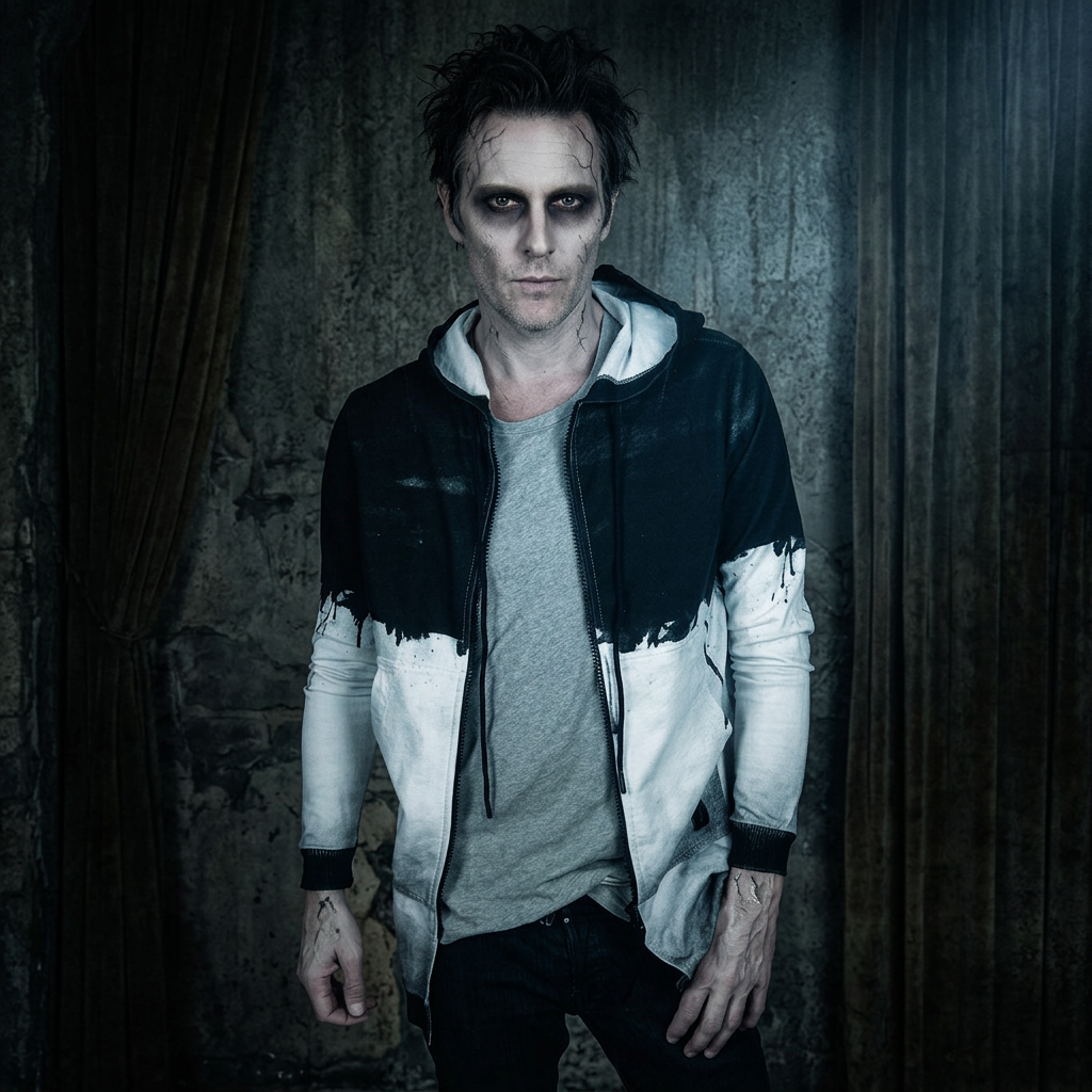 Halloween campaign concept: male model styled as an elegant zombie wearing the Religion Dread Hoodie in White and Jet Black