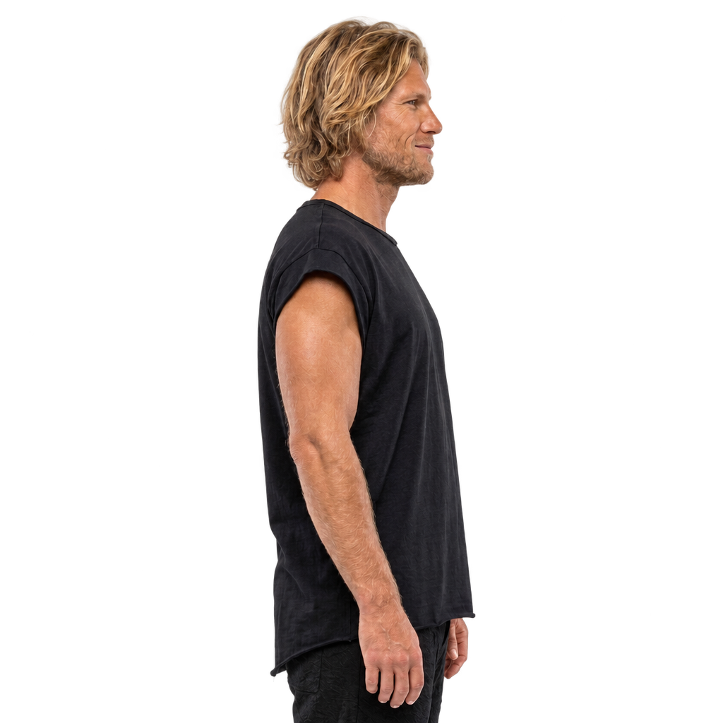 ZHANNAONA "Ivan" black asymmetric shirt on blond male model, right-facing view