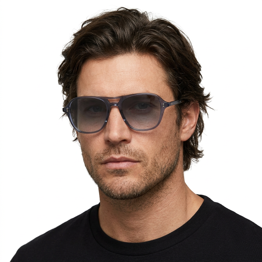 Male model with shaggy dark hair wearing Garrett Leight DOC sunglasses with Pacific Blue frames and Rain Gradient lenses on a white background