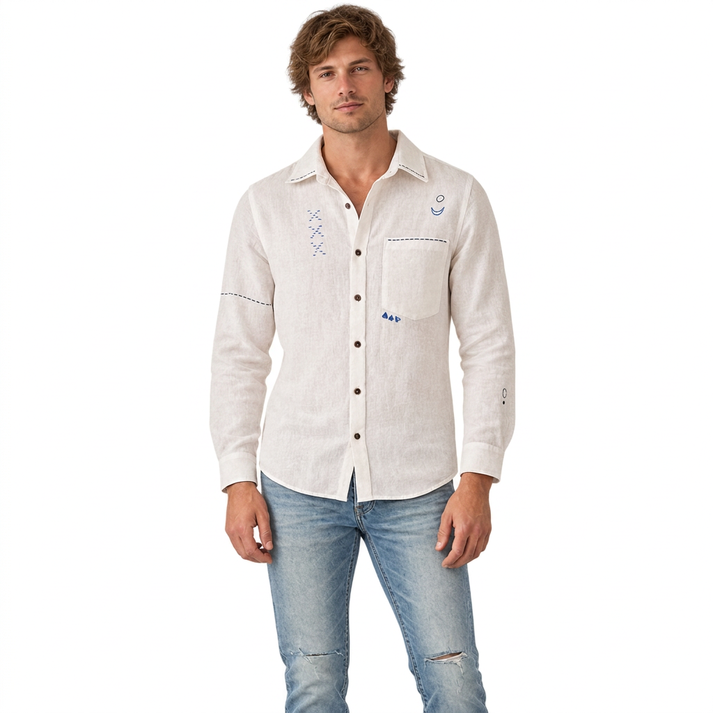 Front view of model wearing Live Linen "Atticus" embroidered shirt in Angora White with light blue jeans