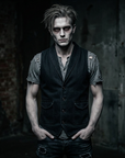Halloween campaign concept: male model styled as a zombie wearing the Prospective Flow Men's Saga Black Denim Vest