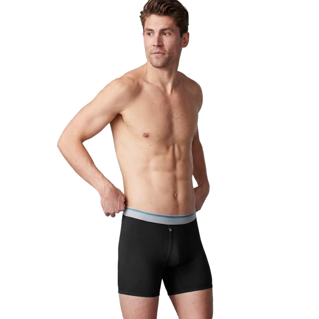 Mack Weldon 18-Hour Jersey boxer brief in True Black, model front view