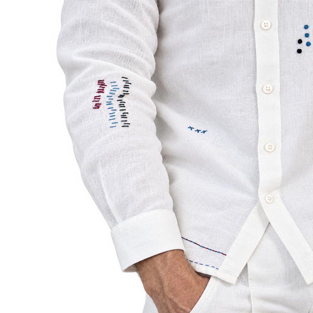 Live Linen "Walter" shirt sleeve embroidery detail on model